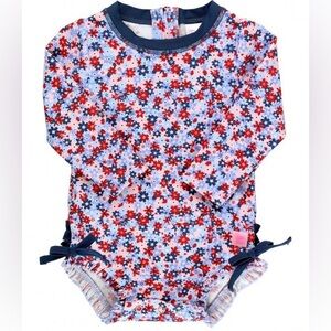 Ruffle Butts Red, Navy & Pink Floral Long-Sleeve Swim One-Piece Rash Guard